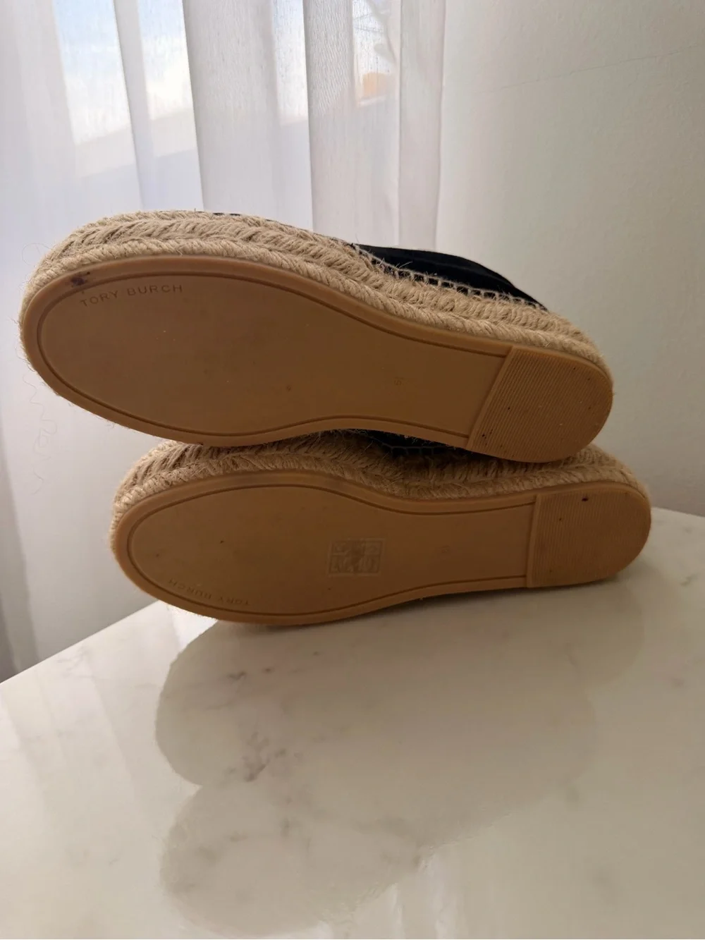 Tory Burch Black Suede Espadrille Platform Flats with Natural Jute